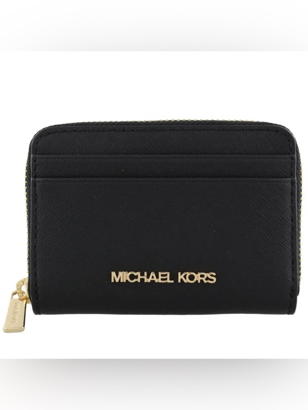 Michael Kors Black Saffiano Leather Jet Set Compact Zip Around Wallet Gold